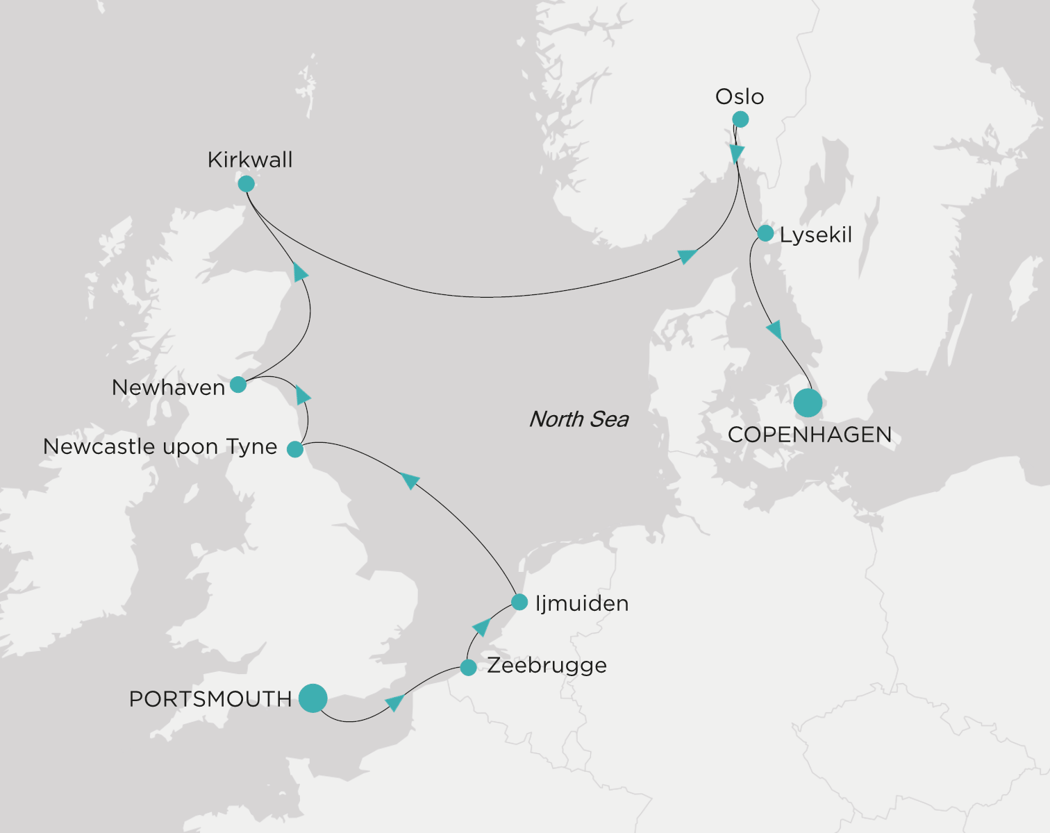 Carte de l’itinéraire Crystal Symphony, Portsmouth → Copenhague