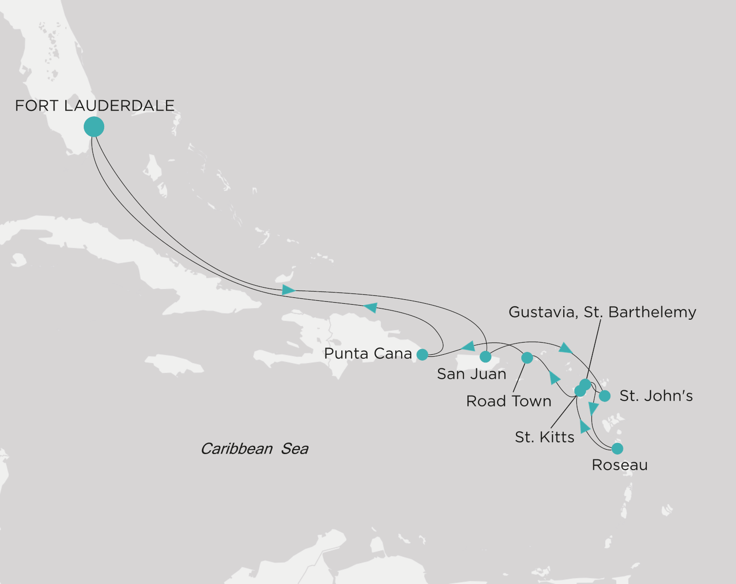 Carte de l’itinéraire Crystal Symphony, Fort Lauderdale → Fort Lauderdale