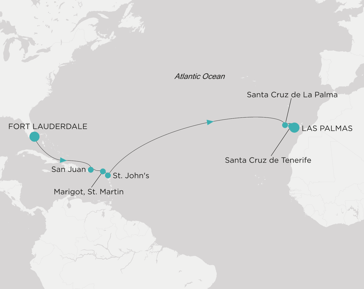 Carte de l’itinéraire Crystal Symphony, Fort Lauderdale → Las Palmas (Gran Canaria)