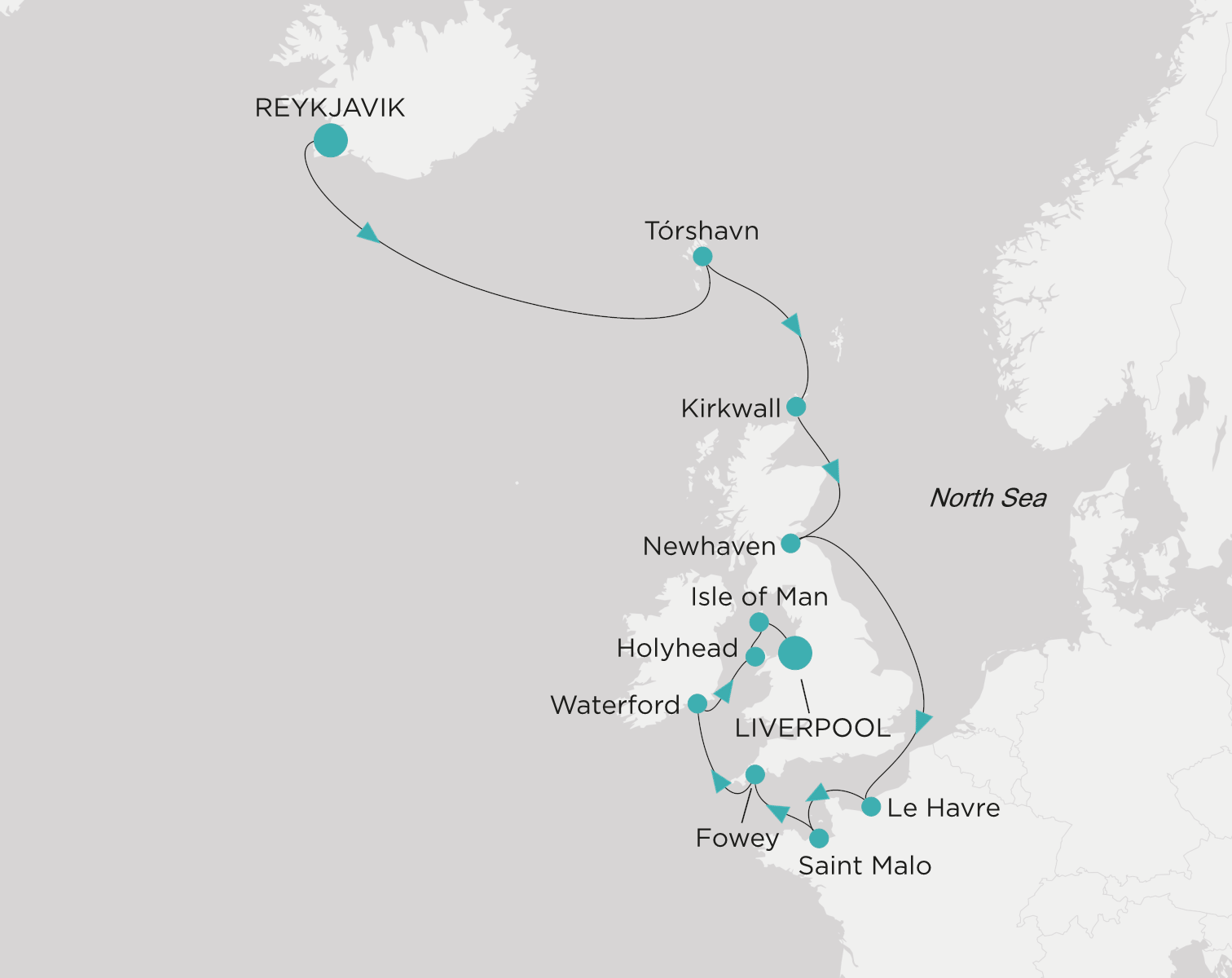 Carte de l’itinéraire Crystal Symphony, Reykjavík → Liverpool