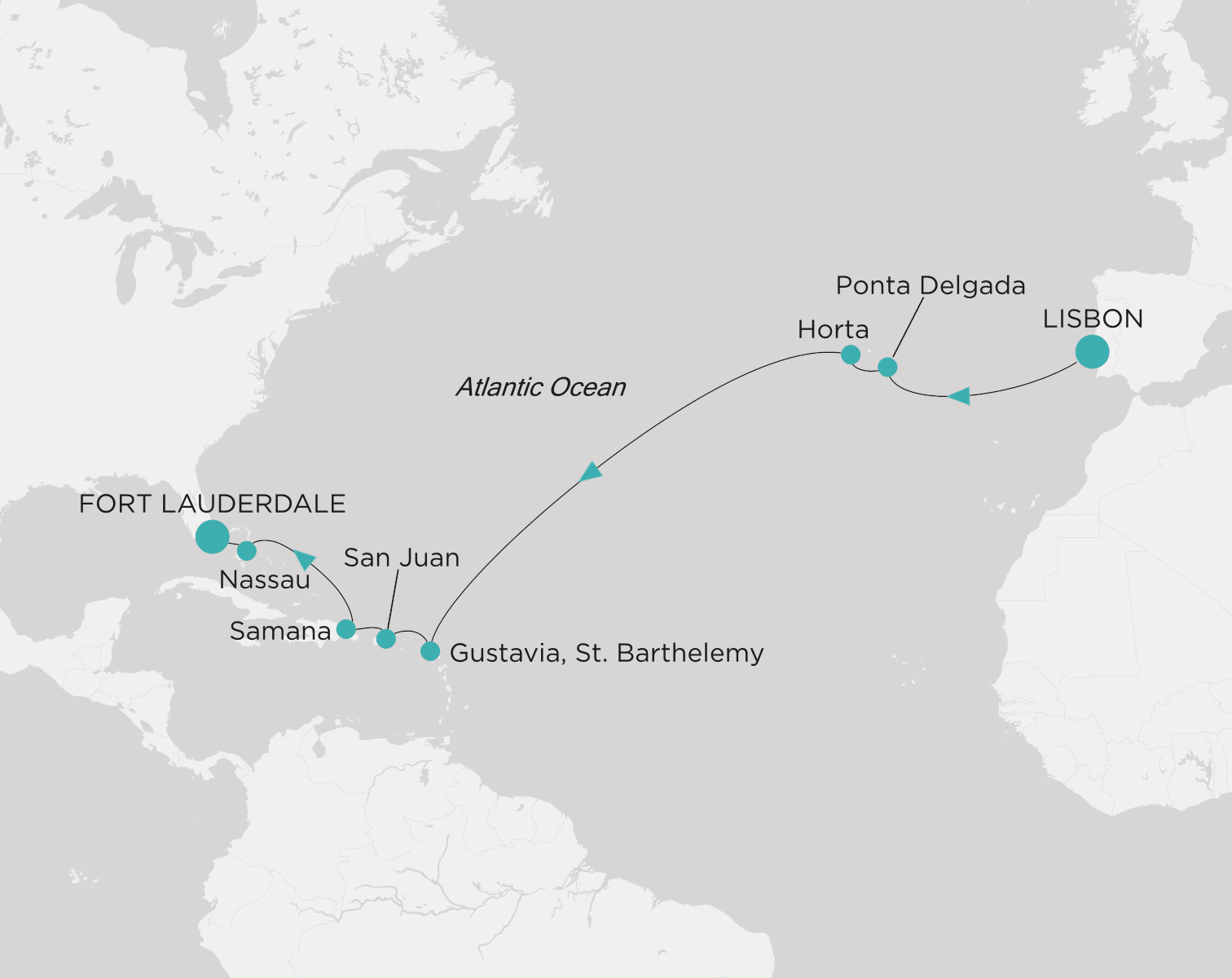 Carte de l’itinéraire Crystal Symphony, Lisbonne → Fort Lauderdale