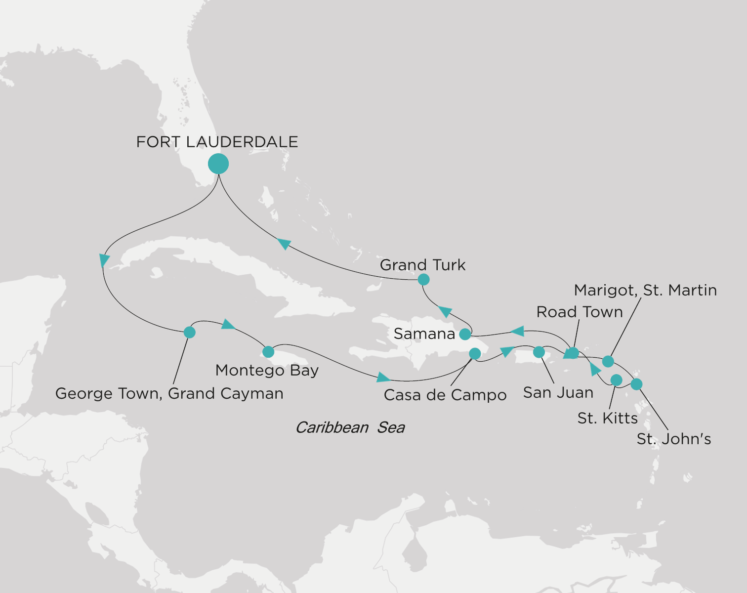 Carte de l’itinéraire Crystal Symphony, Fort Lauderdale → Fort Lauderdale