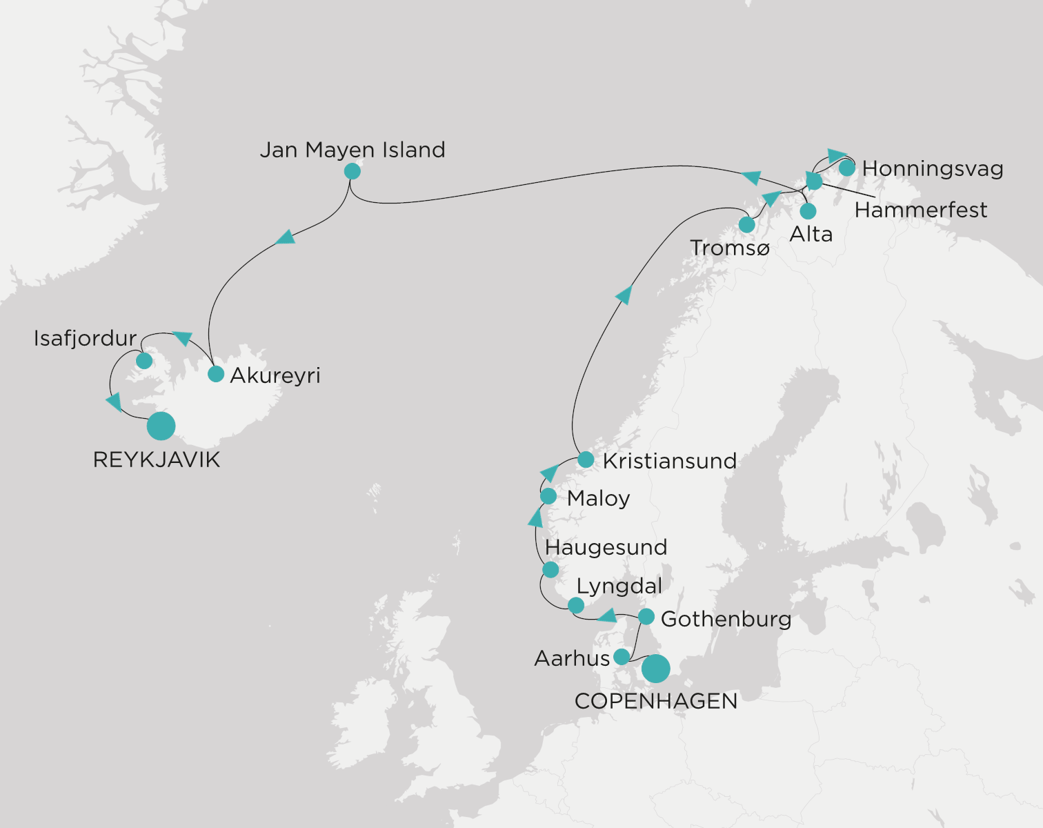 Carte de l’itinéraire Crystal Symphony, Copenhague → Reykjavík