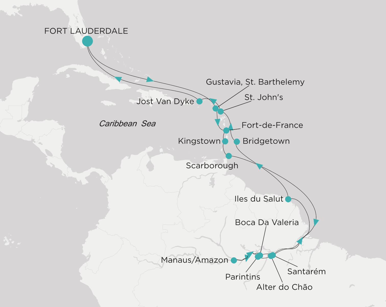 Carte de l’itinéraire Crystal Symphony, Fort Lauderdale → Fort Lauderdale