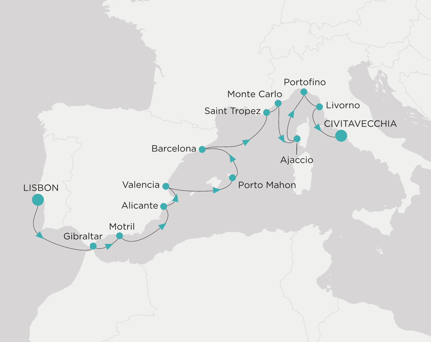 Carte de l’itinéraire Crystal Symphony, Lisbonne → Civitavecchia (Rome)