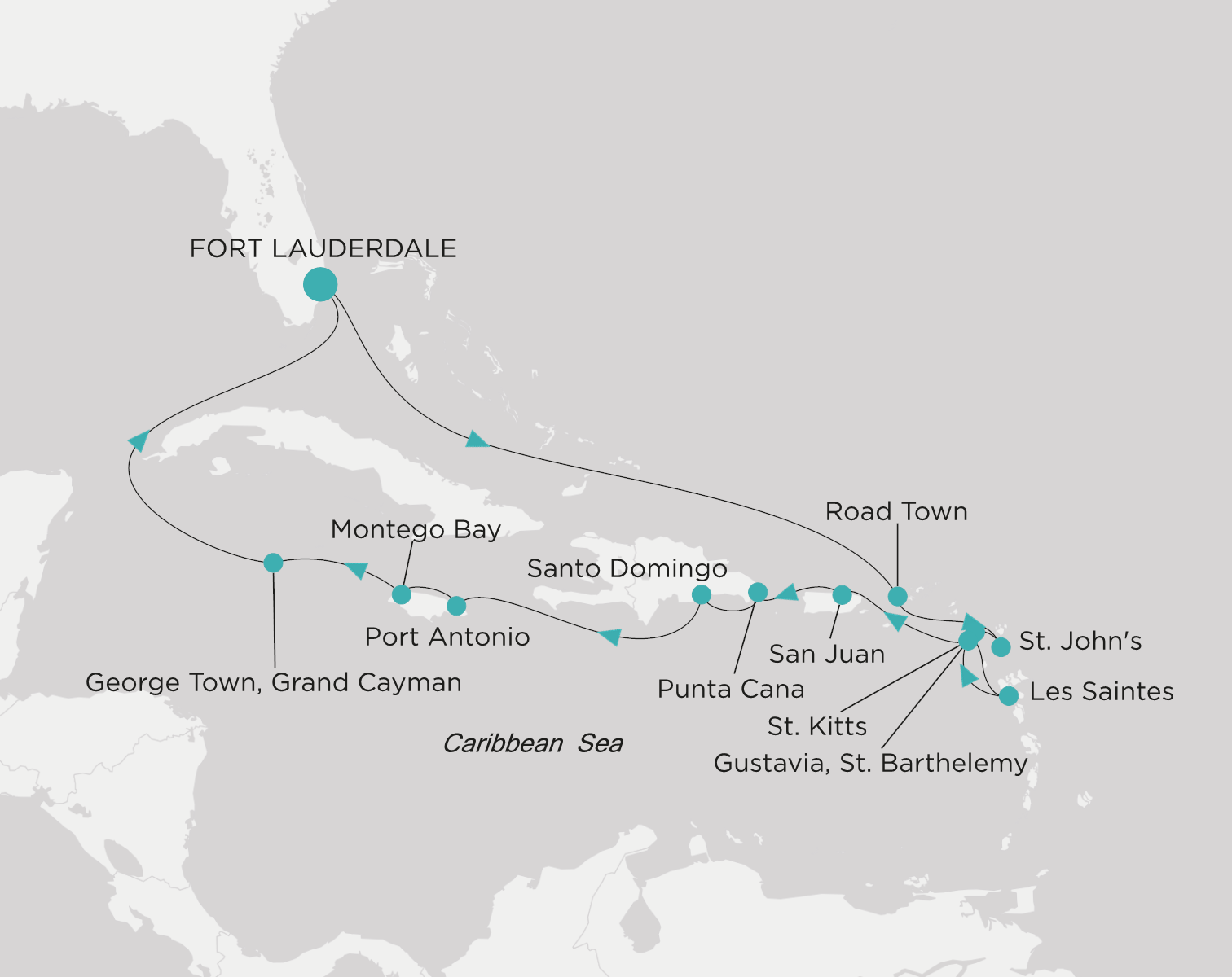 Carte de l’itinéraire Crystal Symphony, Fort Lauderdale → Fort Lauderdale
