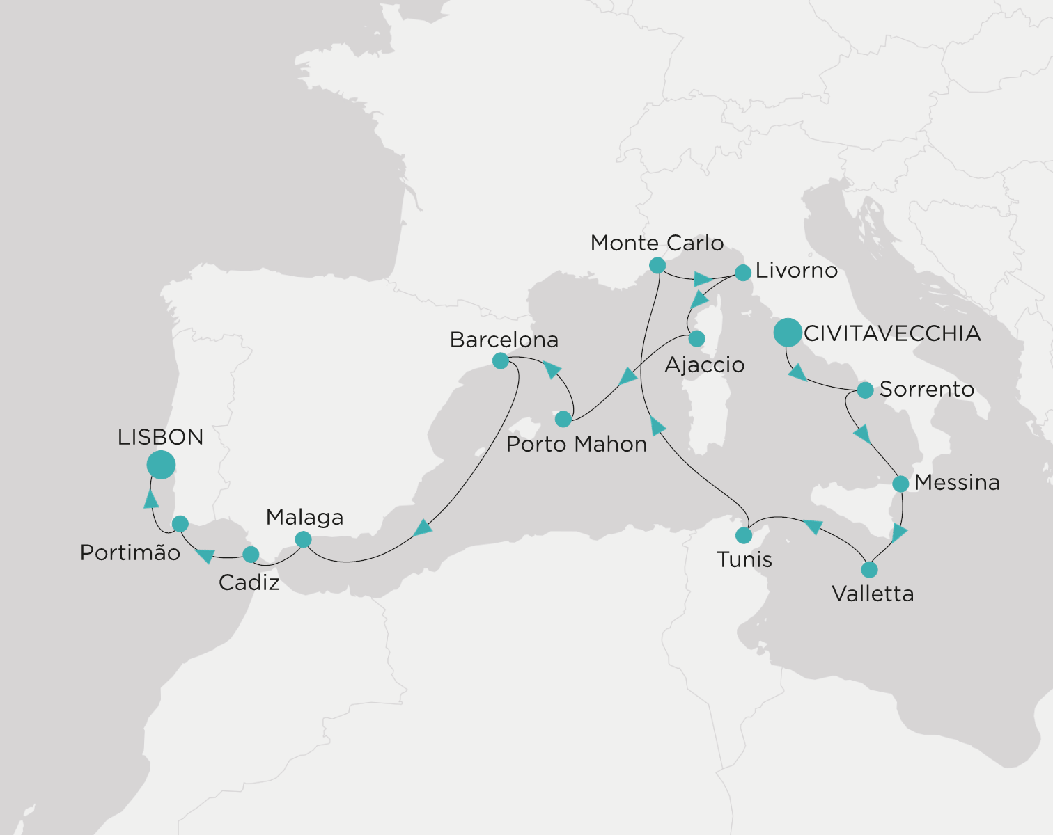Carte de l’itinéraire Crystal Symphony, Civitavecchia (Rome) → Lisbonne