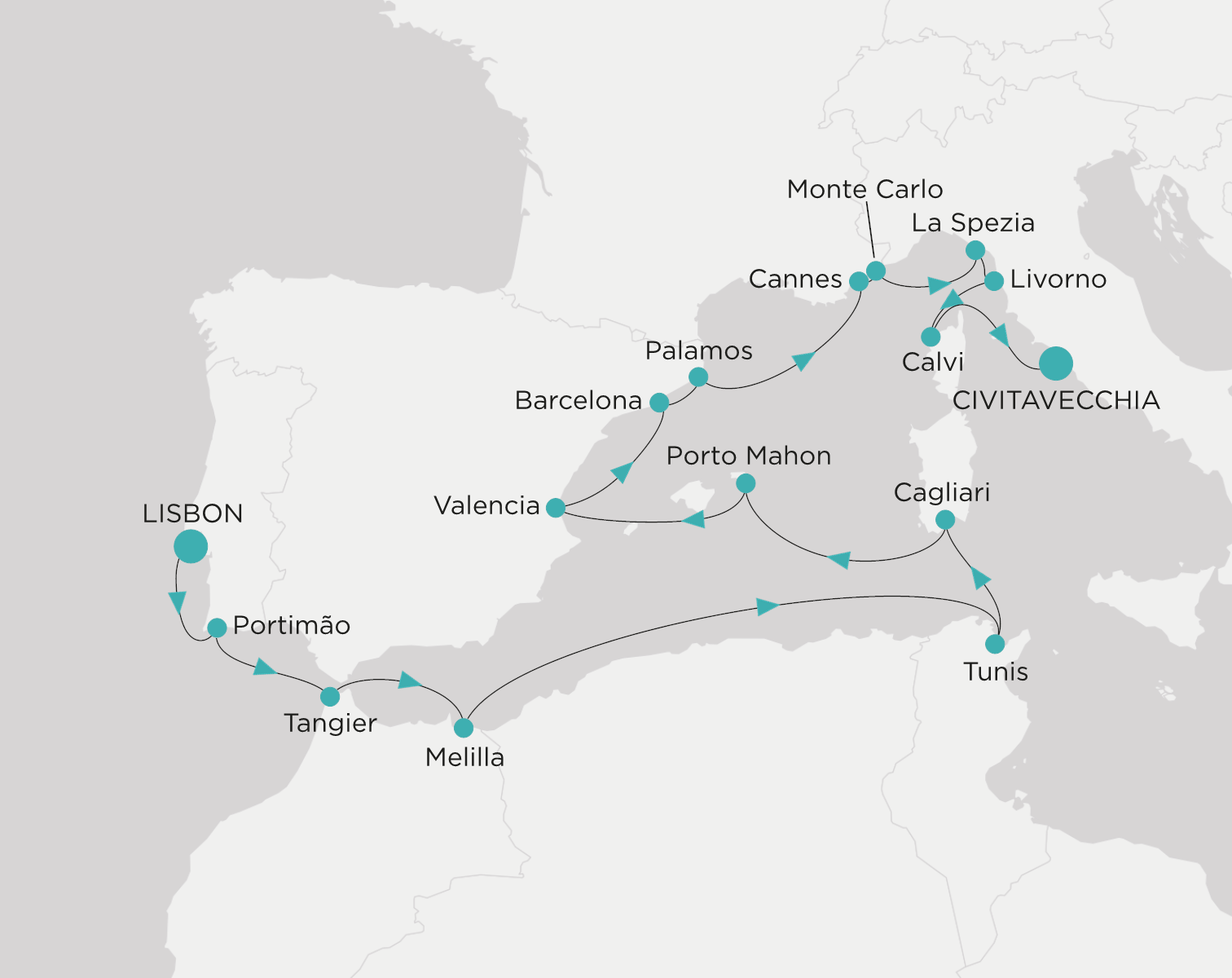 Carte de l’itinéraire Crystal Symphony, Lisbonne → Civitavecchia (Rome)