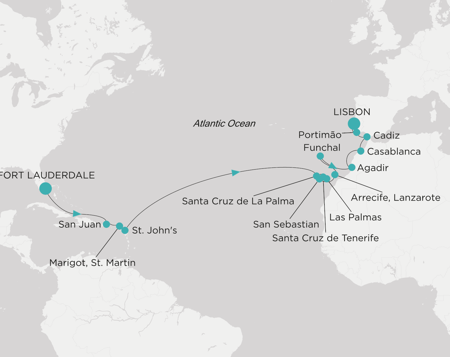 Carte de l’itinéraire Crystal Symphony, Fort Lauderdale → Lisbonne