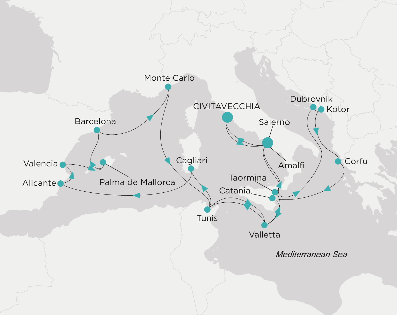 Carte de l’itinéraire Crystal Symphony, Civitavecchia (Rome) → Civitavecchia (Rome)