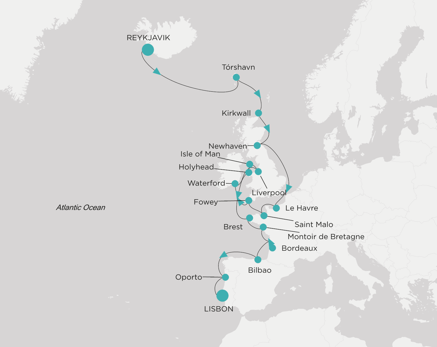 Carte de l’itinéraire Crystal Symphony, Reykjavík → Lisbonne