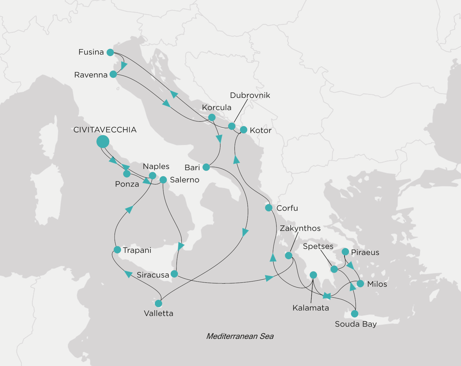 Carte de l’itinéraire Crystal Symphony, Civitavecchia (Rome) → Civitavecchia (Rome)