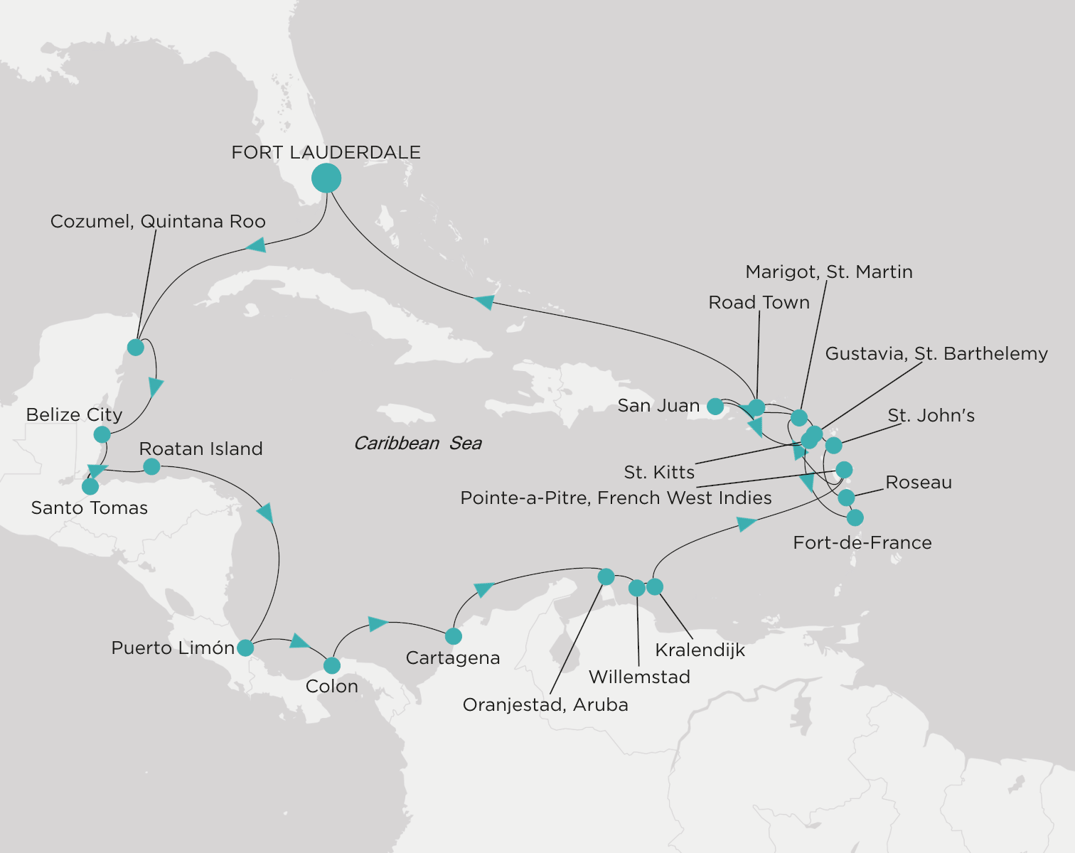 Carte de l’itinéraire Crystal Symphony, Fort Lauderdale → Fort Lauderdale