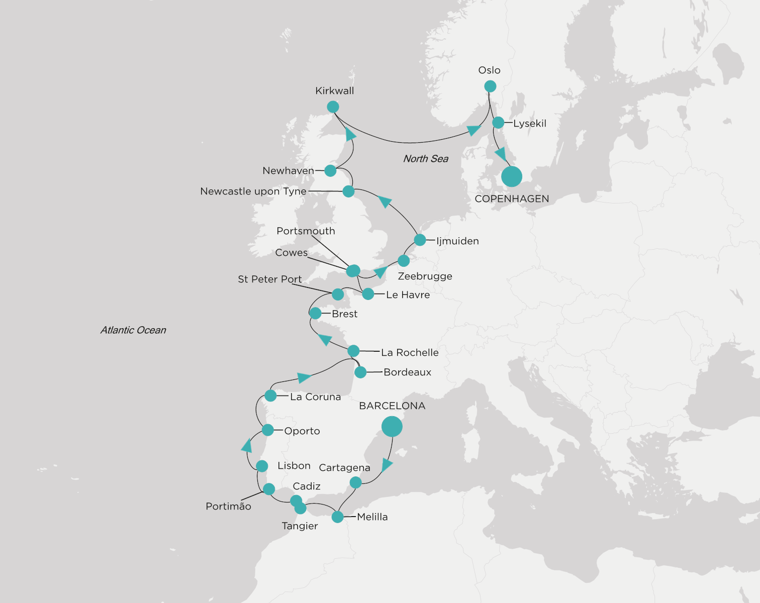 Carte de l’itinéraire Crystal Symphony, Barcelone → Copenhague