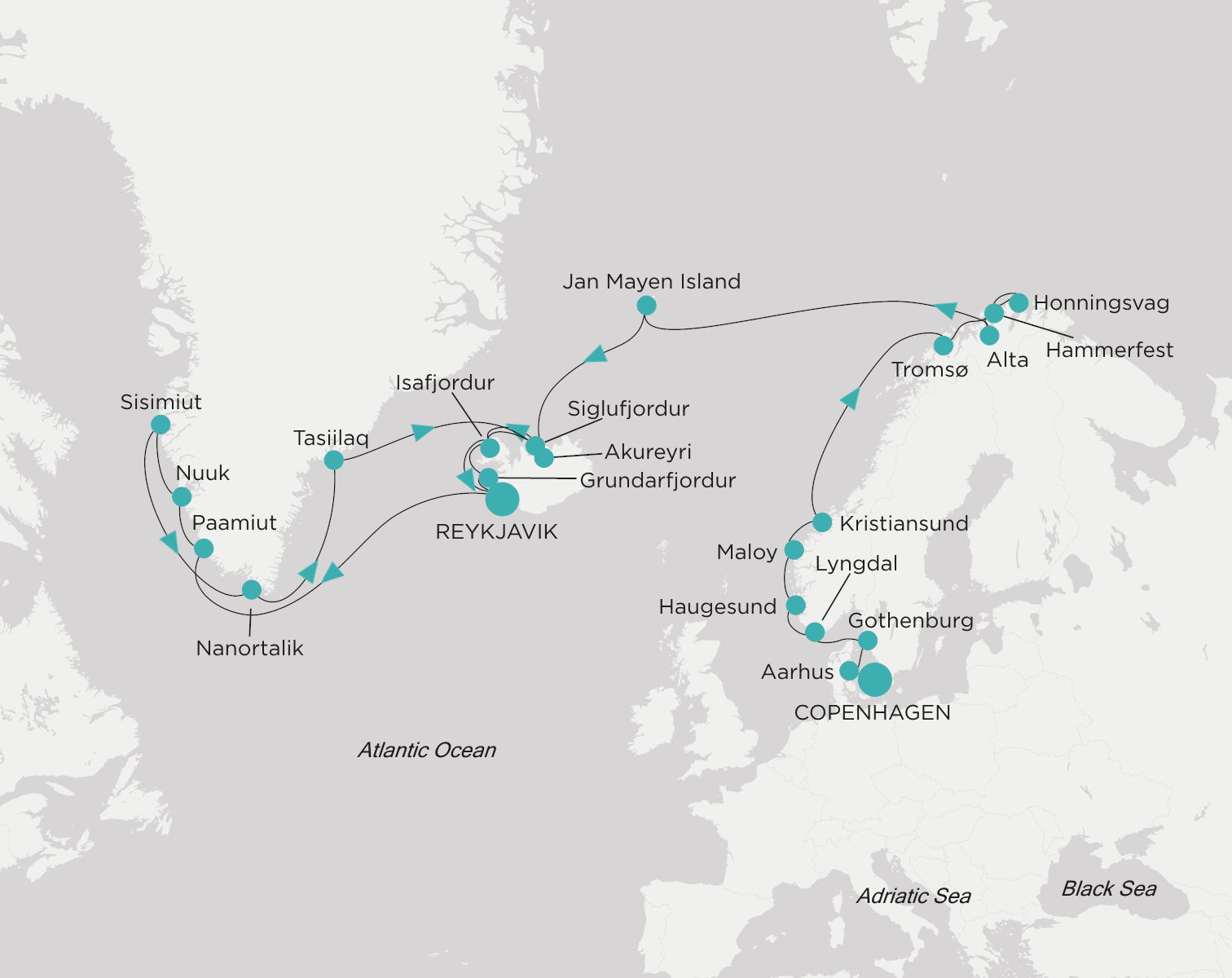 Carte de l’itinéraire Crystal Symphony, Copenhague → Reykjavík