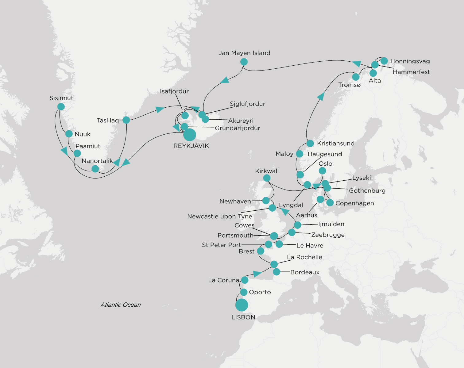 Carte de l’itinéraire Crystal Symphony, Lisbonne → Reykjavík