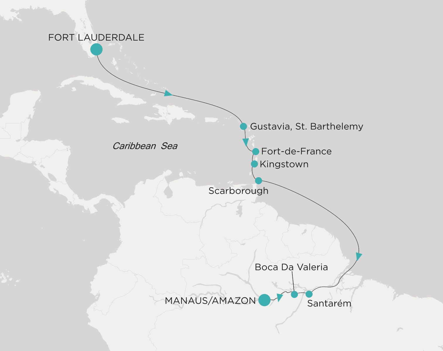 Carte de l’itinéraire Crystal Symphony, Fort Lauderdale → Manaus/Amazon