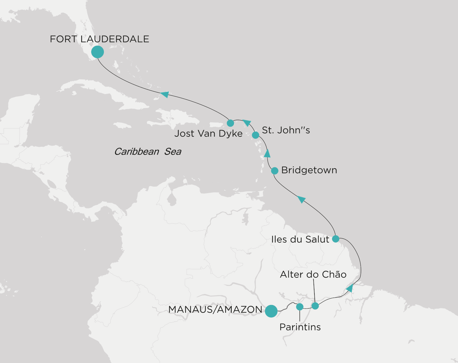 Carte de l’itinéraire Crystal Symphony, Manaus/Amazon → Fort Lauderdale