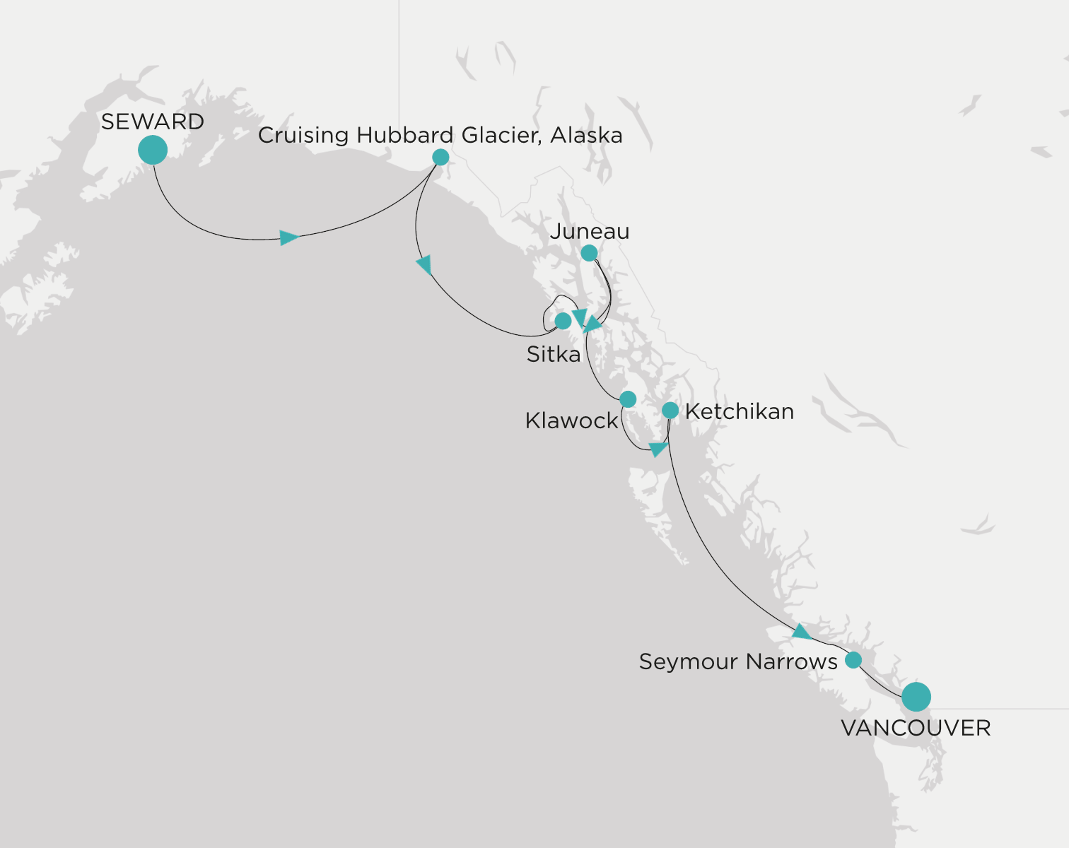 Carte de l’itinéraire Crystal Symphony, Seward (Anchorage, Alaska) → Vancouver