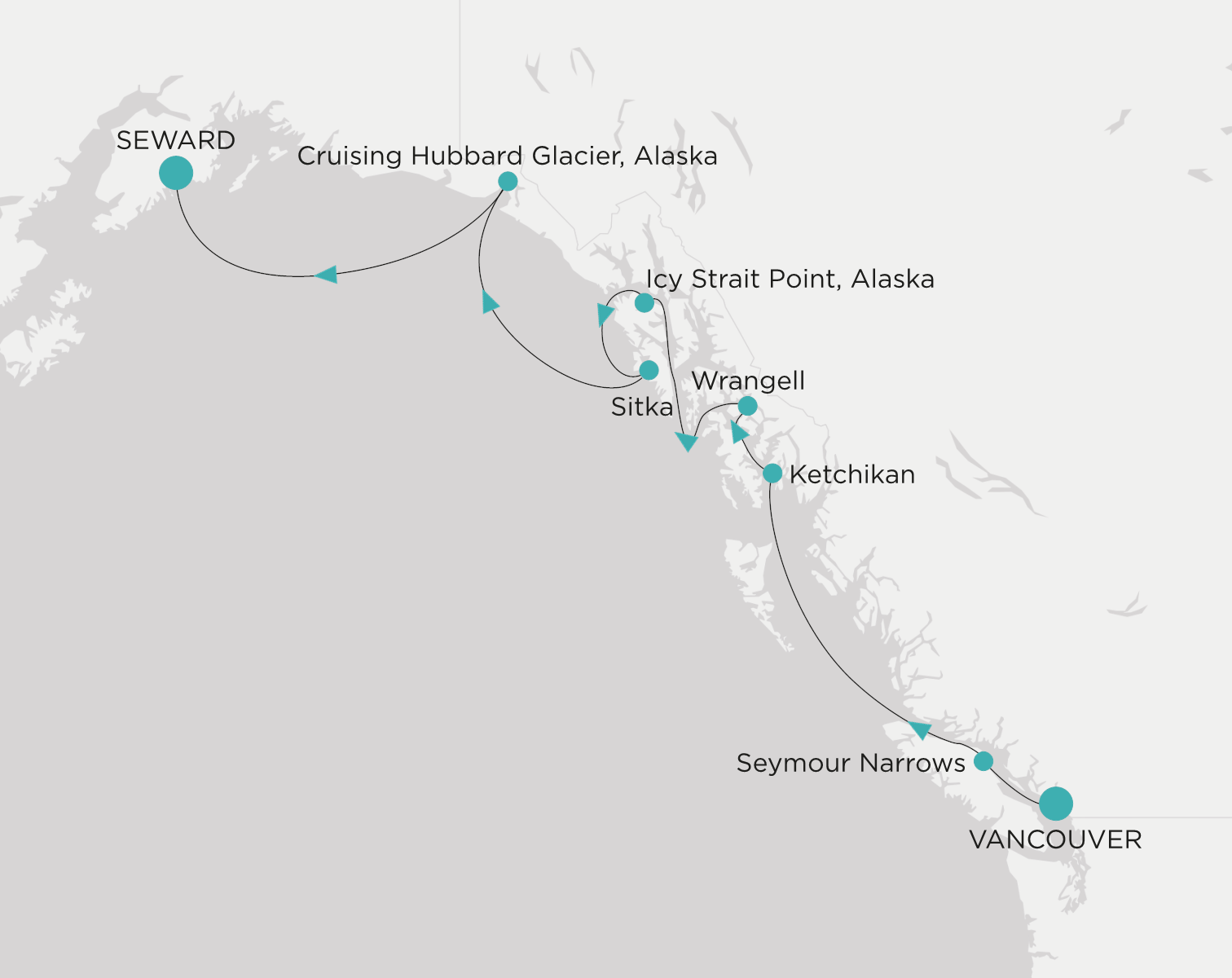 Carte de l’itinéraire Crystal Symphony, Vancouver → Seward (Anchorage, Alaska)