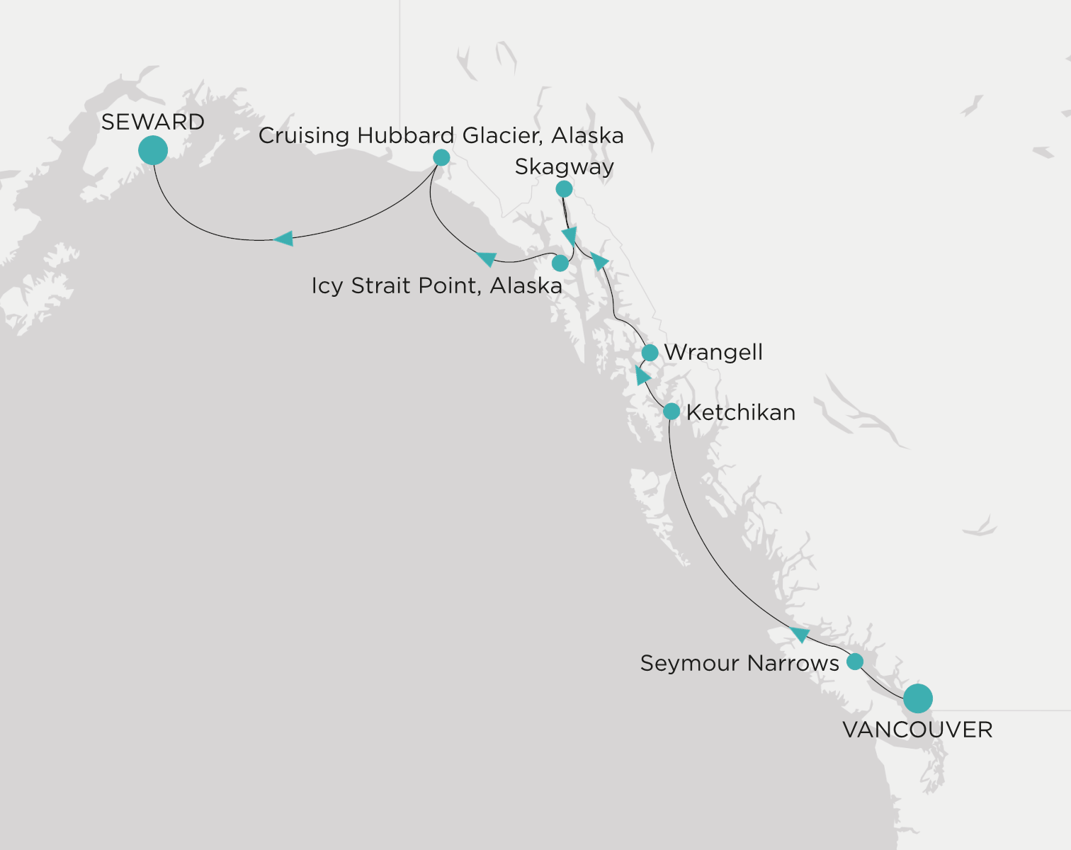 Carte de l’itinéraire Crystal Symphony, Vancouver → Seward (Anchorage, Alaska)