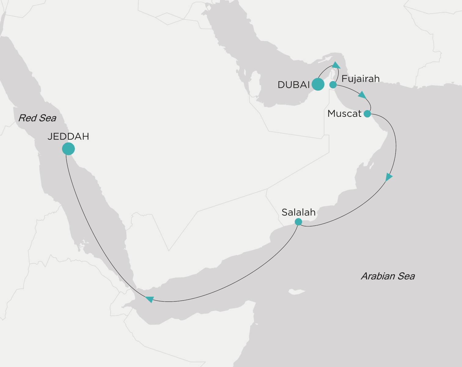 Carte de l’itinéraire Crystal Symphony, Dubai → Jeddah