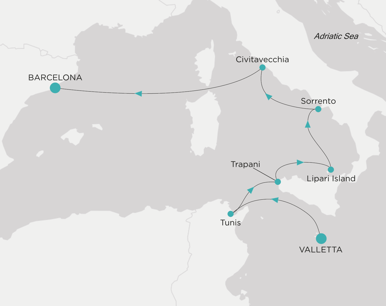 Carte de l’itinéraire Crystal Symphony, Valletta → Barcelone