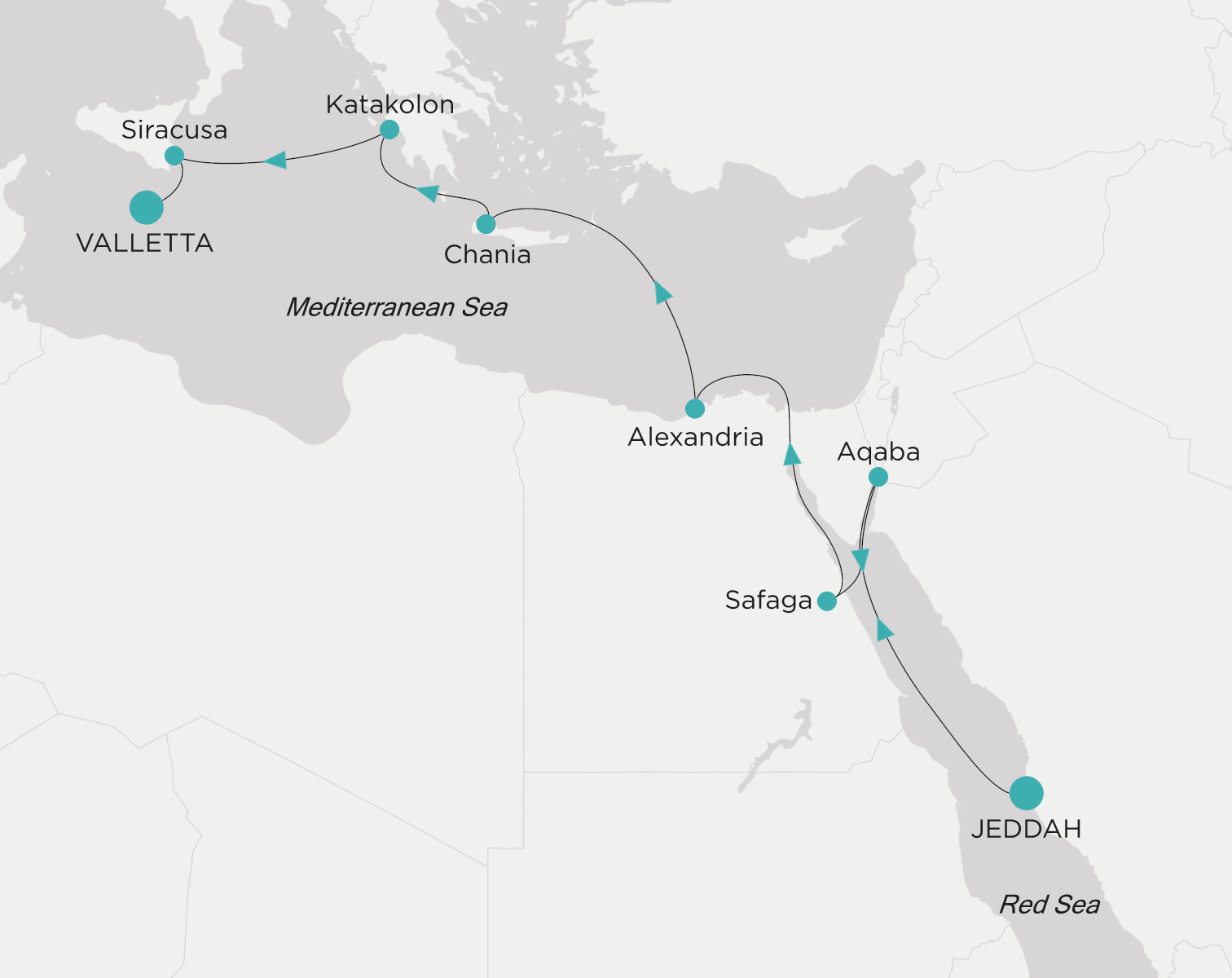 Carte de l’itinéraire Crystal Symphony, Jeddah → Valletta