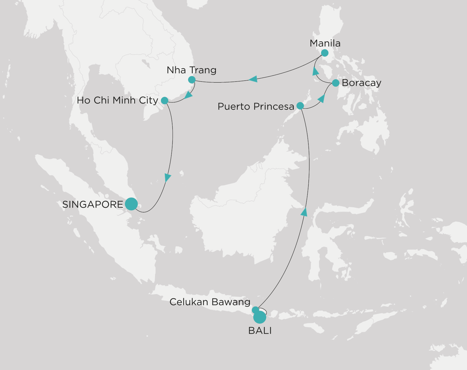 Carte de l’itinéraire Crystal Symphony, Benoa (Bali) → Singapour