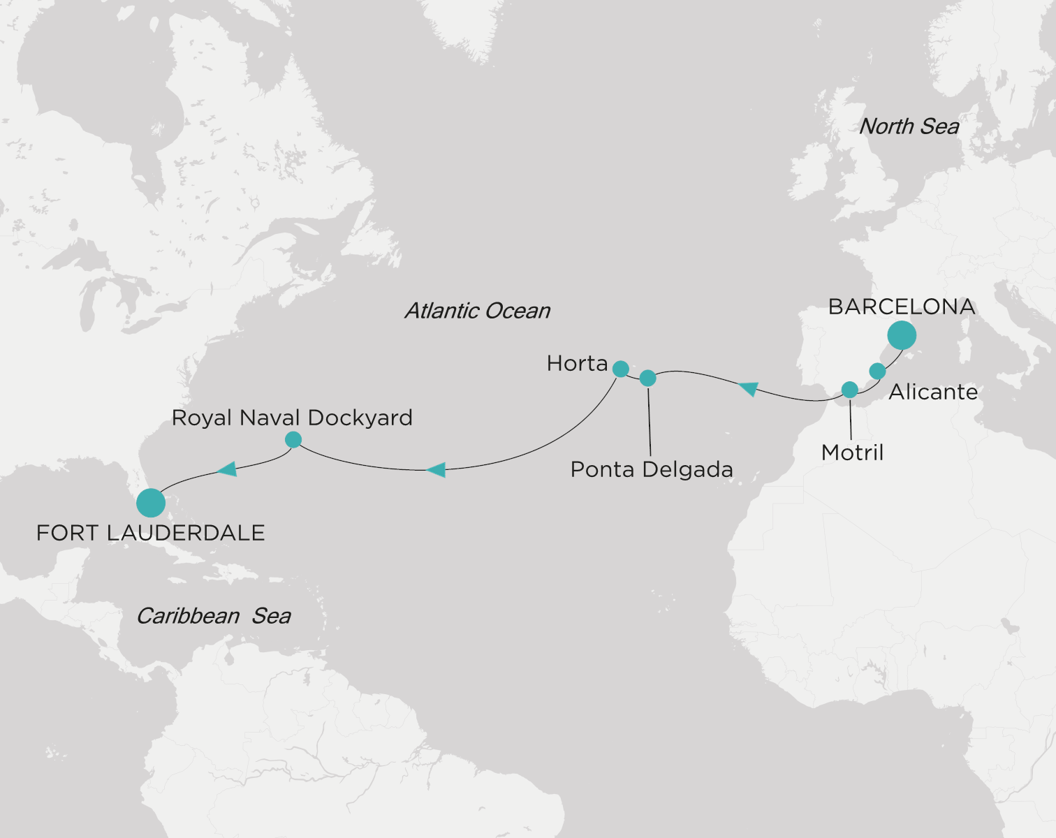 Carte de l’itinéraire Crystal Symphony, Barcelone → Fort Lauderdale