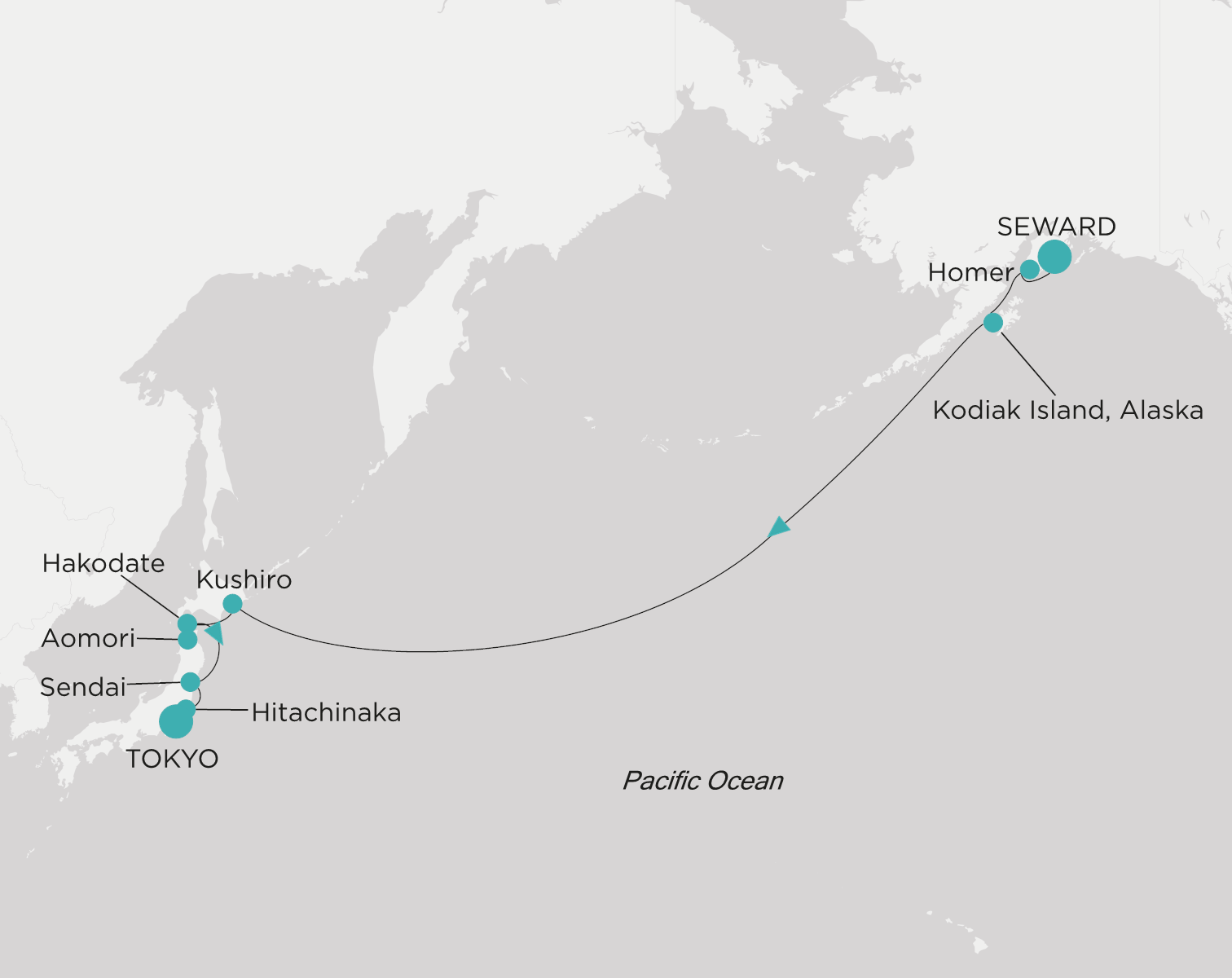 Carte de l’itinéraire Crystal Symphony, Seward (Anchorage, Alaska) → Tokyo