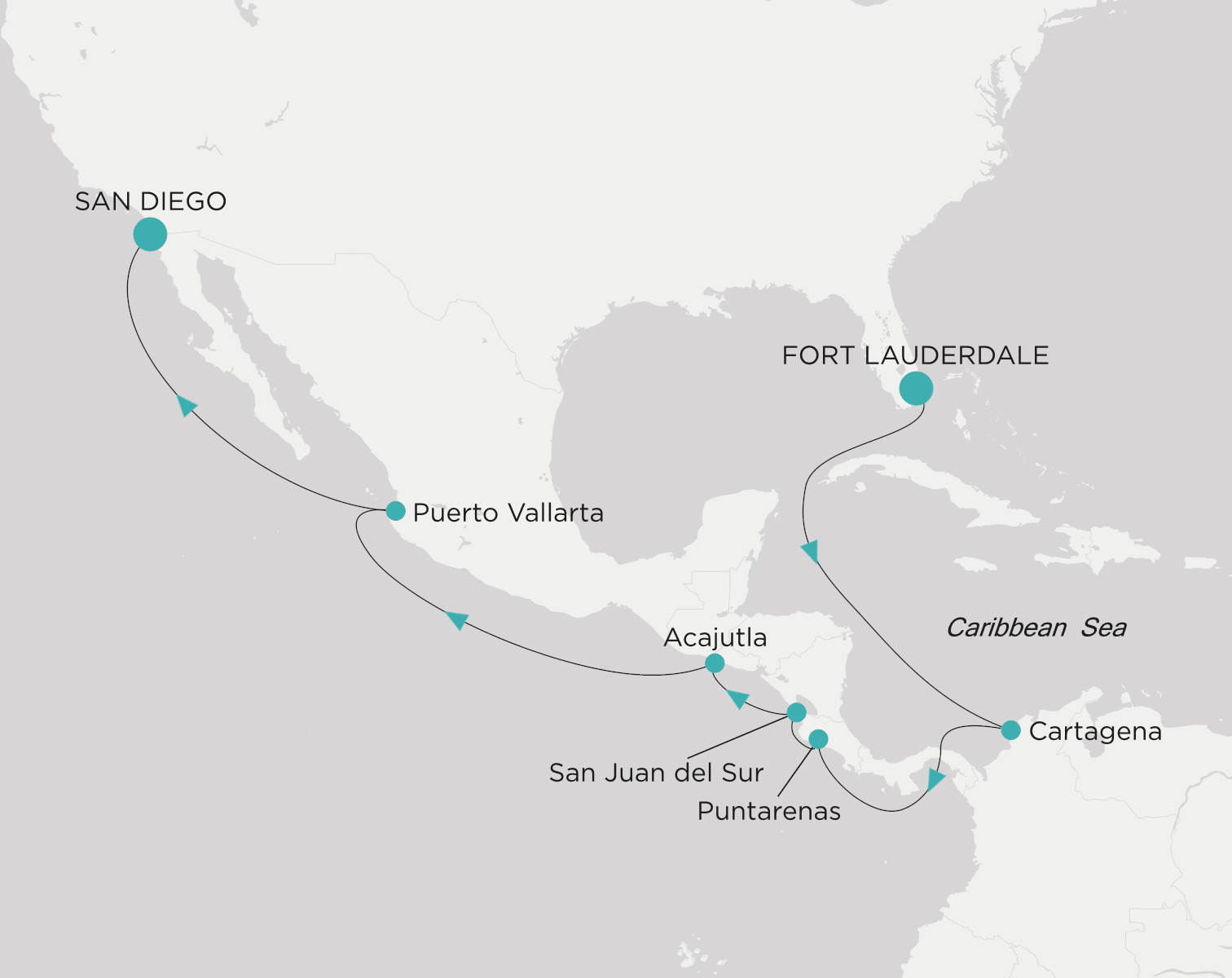 Carte de l’itinéraire Crystal Symphony, Fort Lauderdale → San Diego