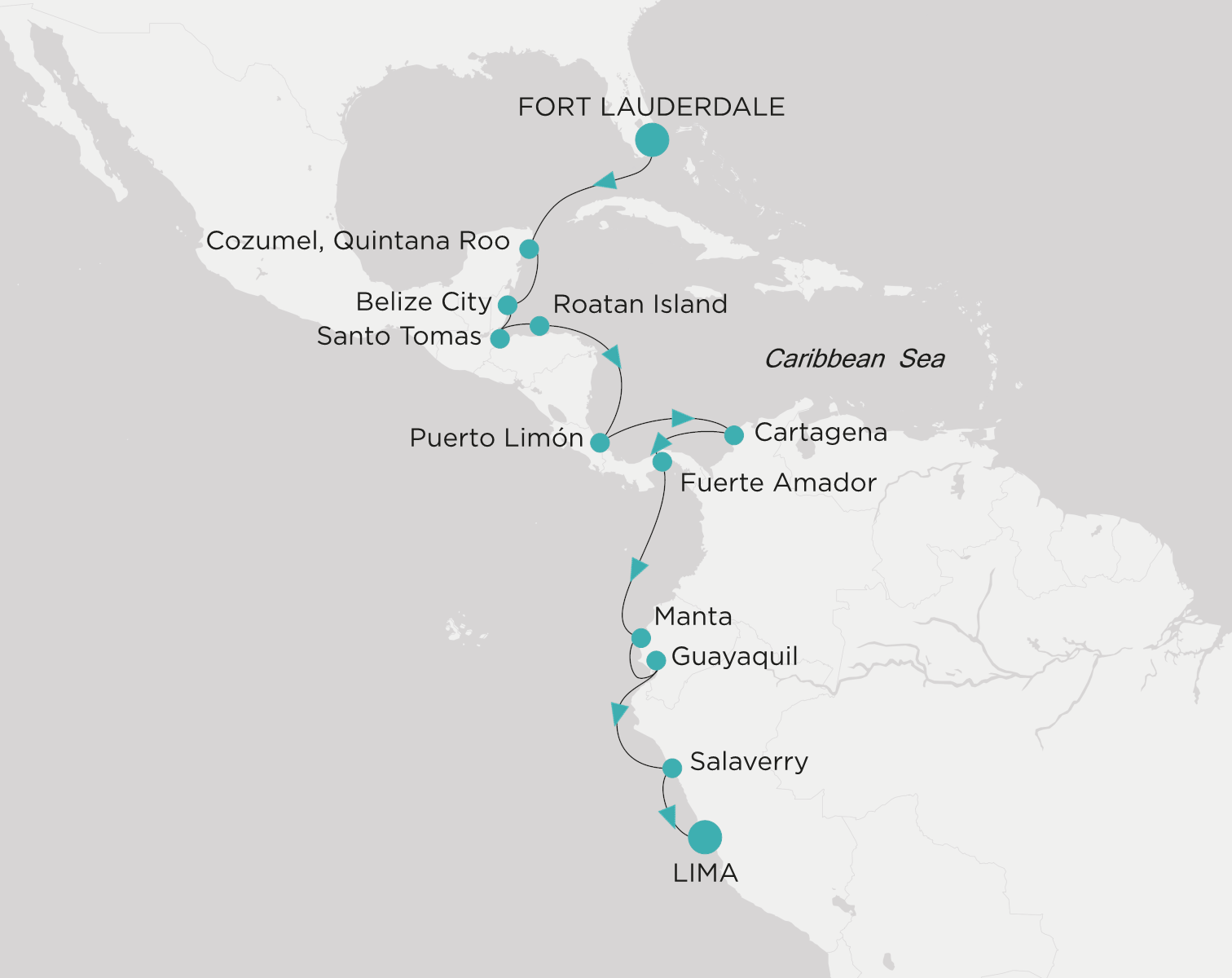 Carte de l’itinéraire Crystal Symphony, Fort Lauderdale → Callao (Lima)