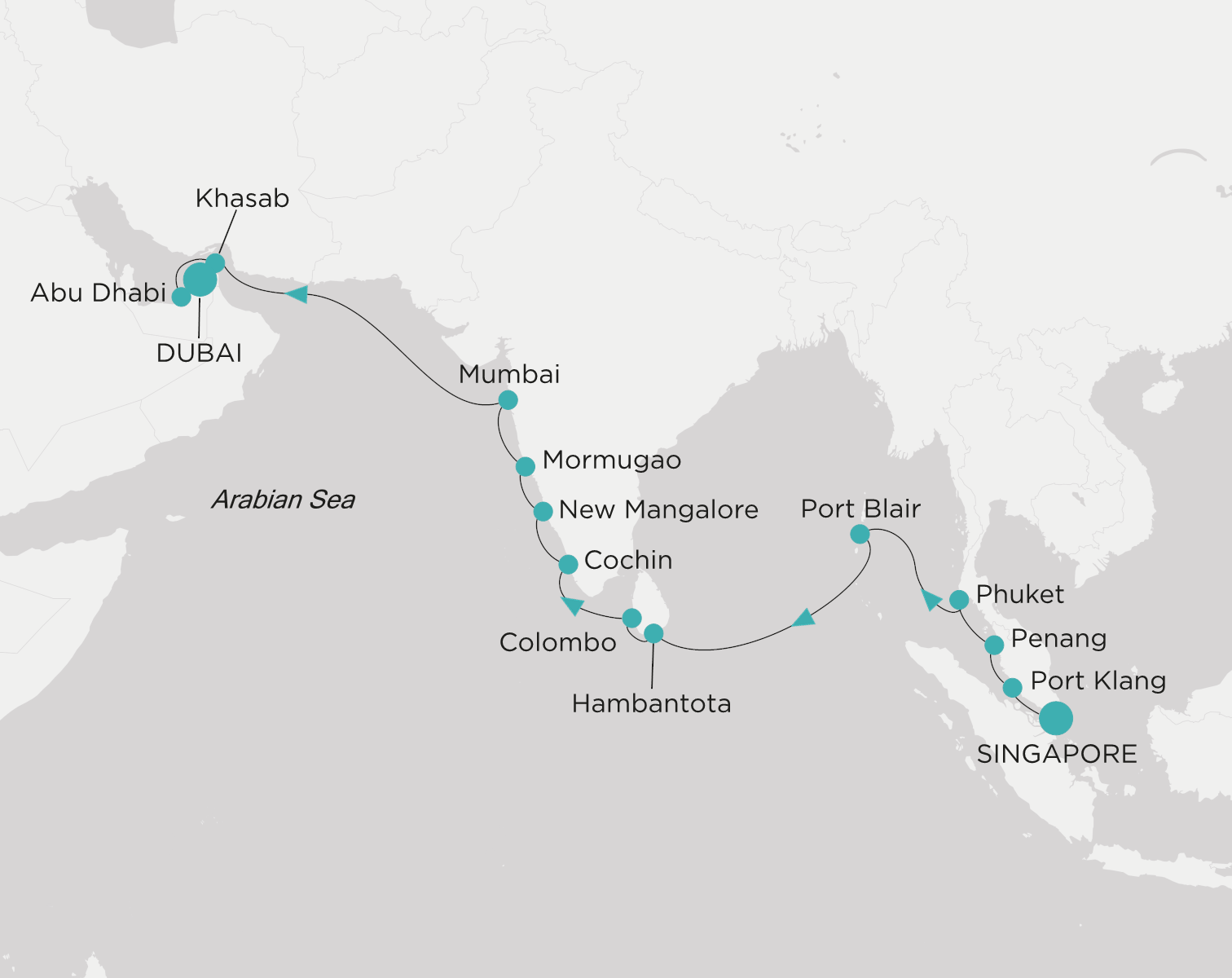 Carte de l’itinéraire Crystal Symphony, Singapour → Dubai