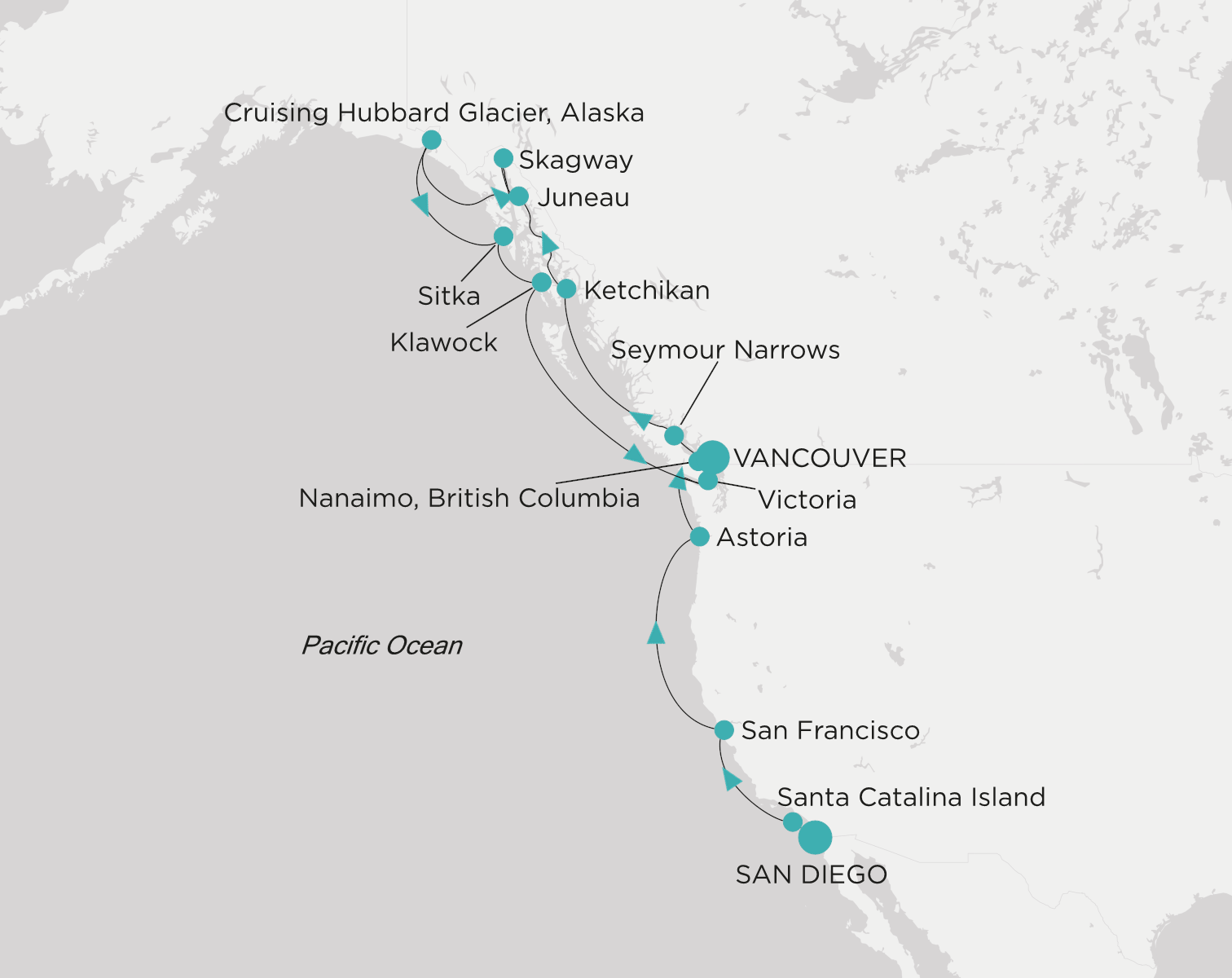 Carte de l’itinéraire Crystal Symphony, San Diego → Vancouver