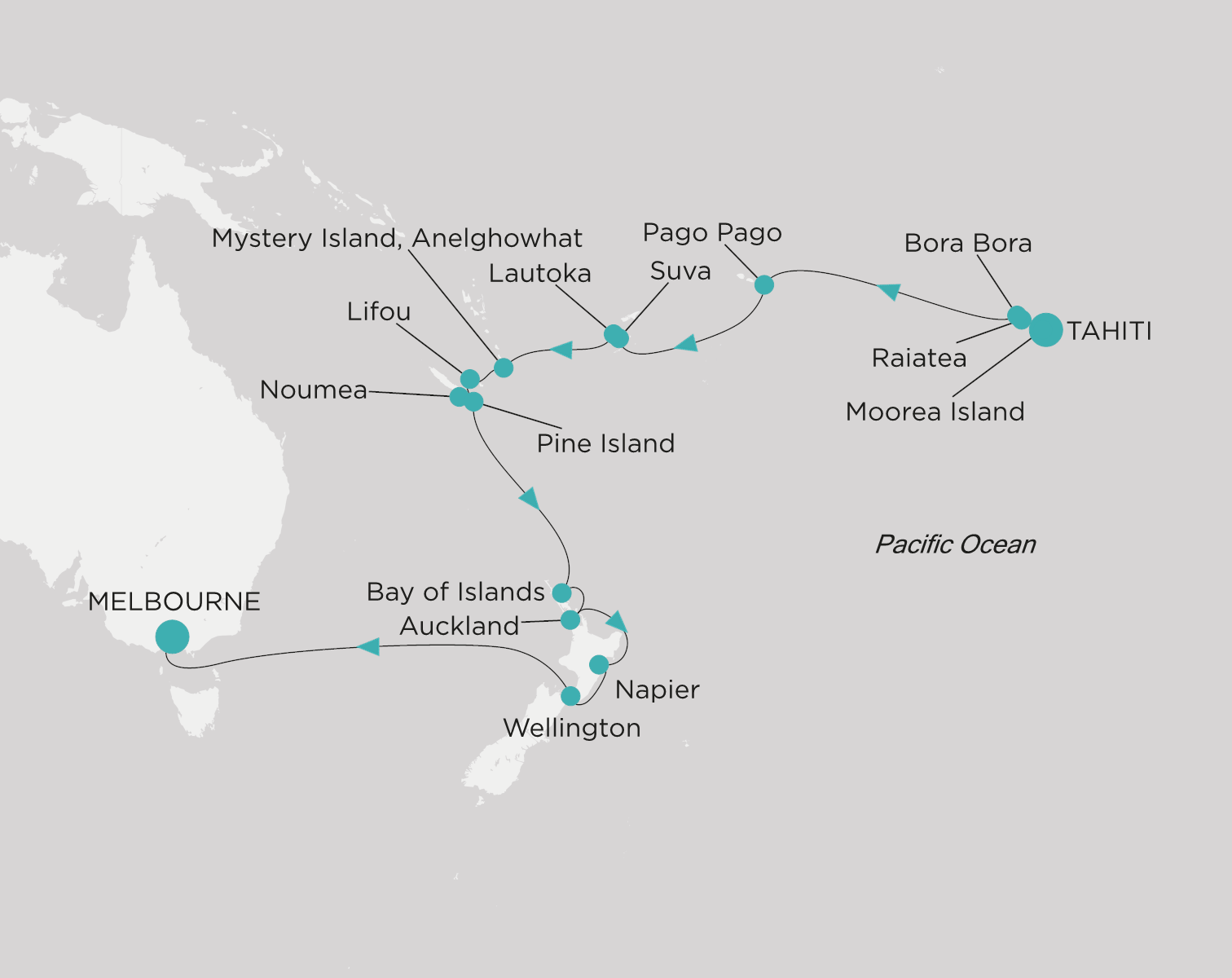 Carte de l’itinéraire Crystal Symphony, Tahiti (Papeete) → Melbourne