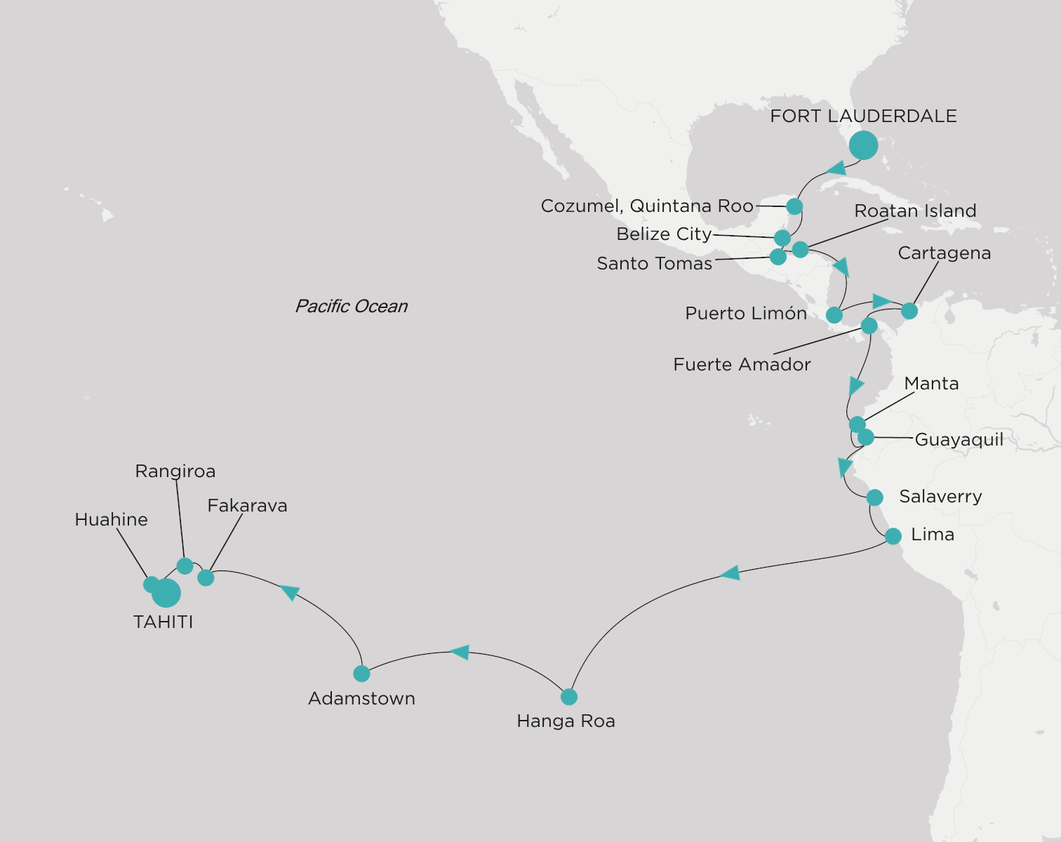 Carte de l’itinéraire Crystal Symphony, Fort Lauderdale → Tahiti (Papeete)