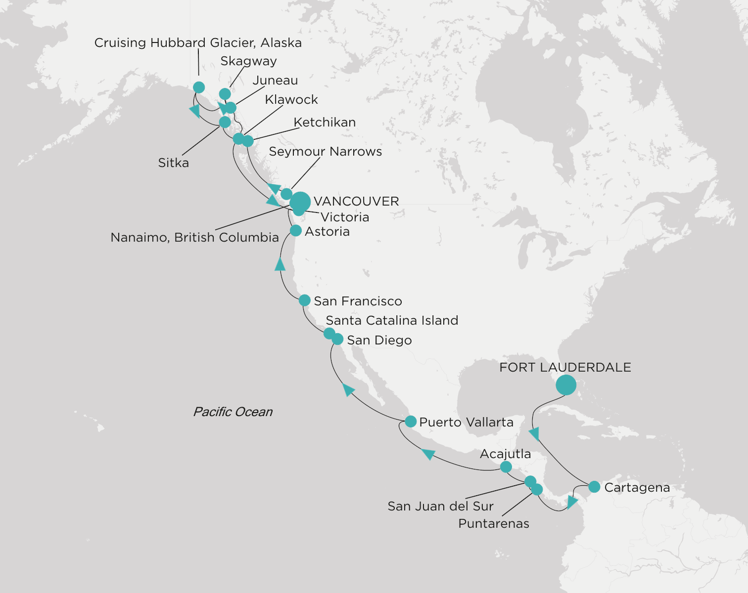 Carte de l’itinéraire Crystal Symphony, Fort Lauderdale → Vancouver