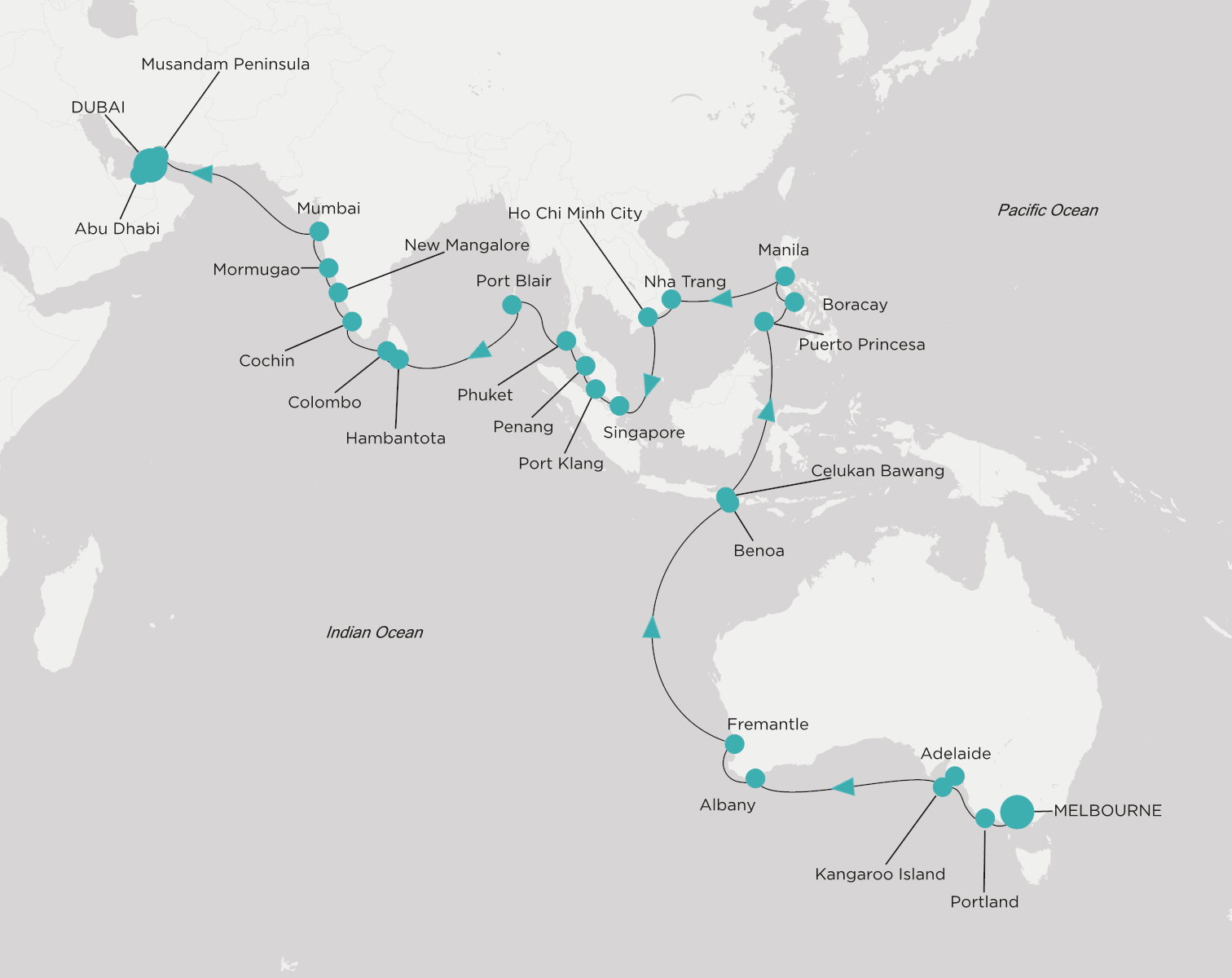 Carte de l’itinéraire Crystal Symphony, Melbourne → Dubai