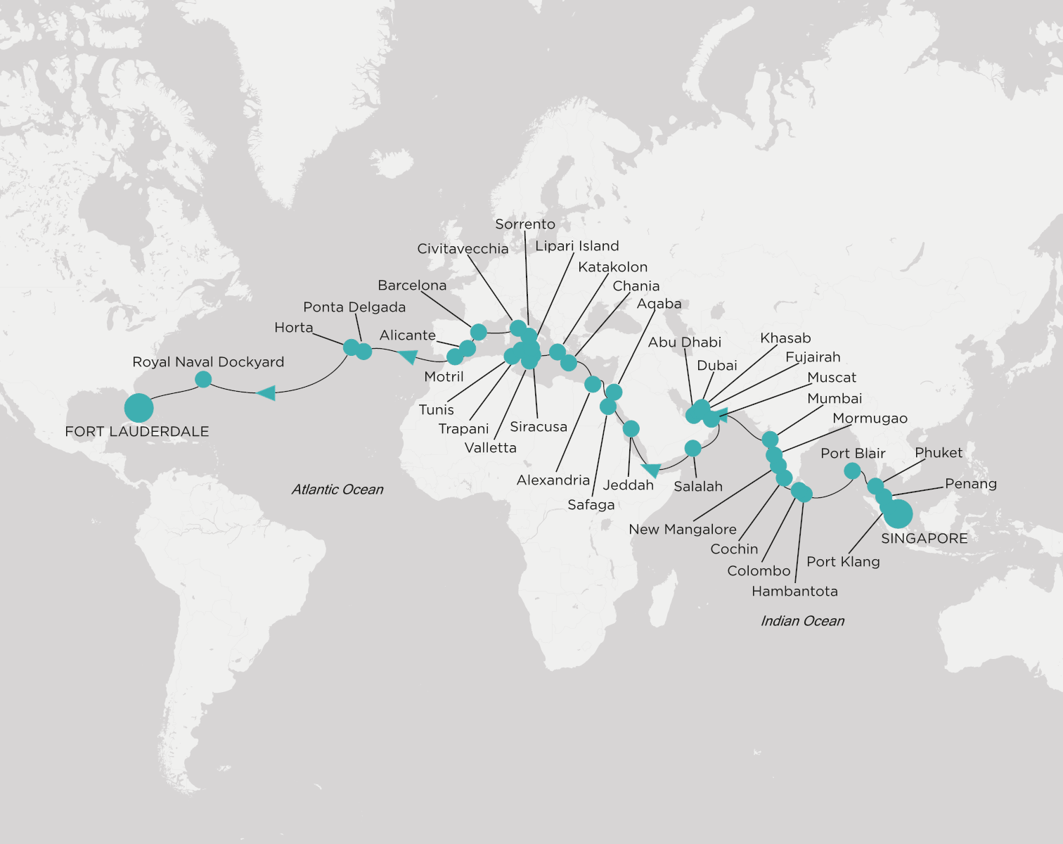 Carte de l’itinéraire Crystal Symphony, Singapour → Fort Lauderdale