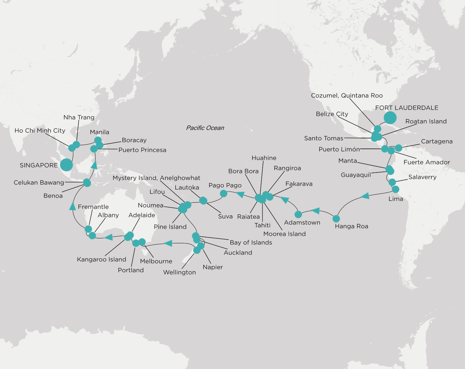 Carte de l’itinéraire Crystal Symphony, Fort Lauderdale → Singapour