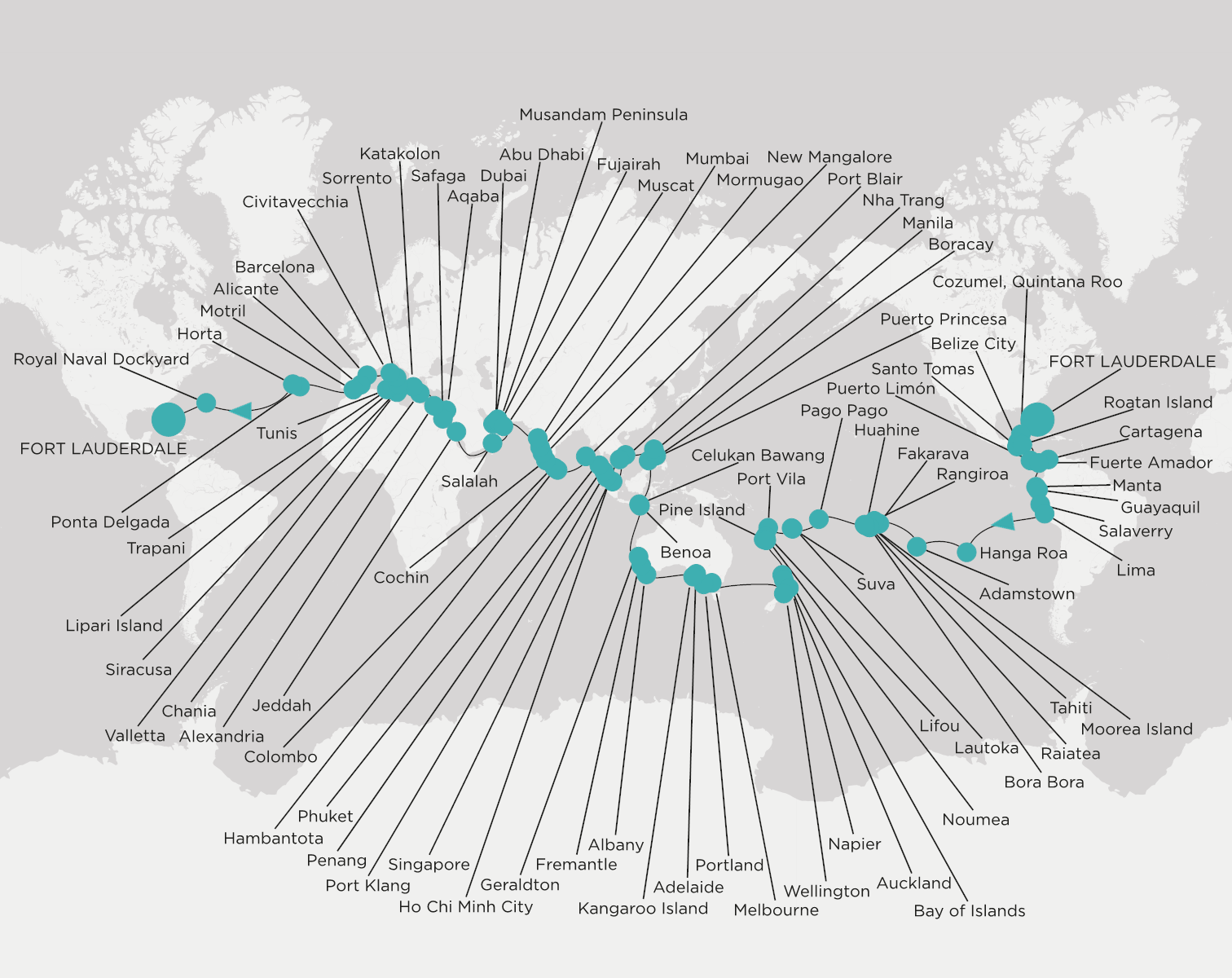 Carte de l’itinéraire Crystal Symphony, Fort Lauderdale → Fort Lauderdale