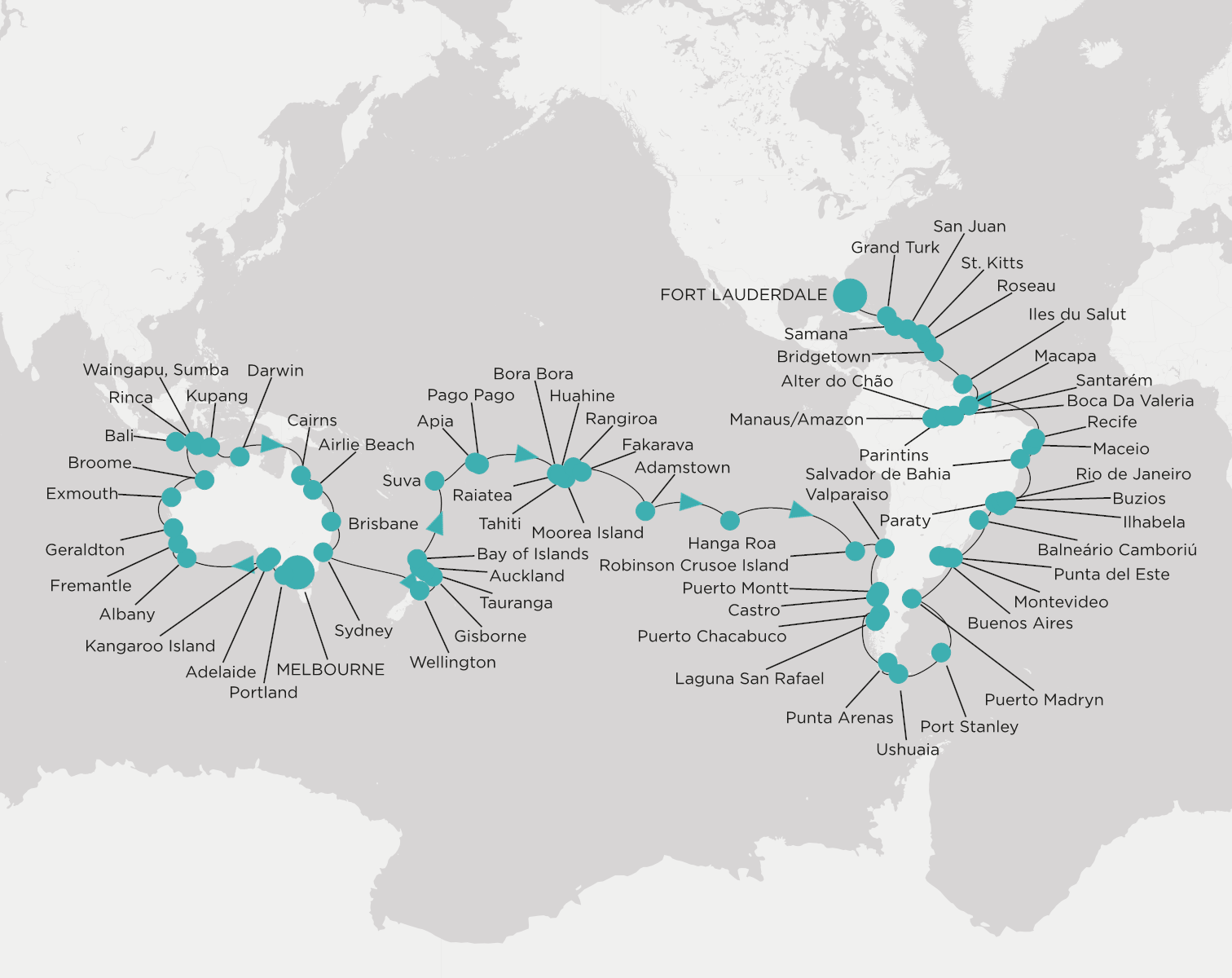 Carte de l’itinéraire Crystal Symphony, Melbourne → Fort Lauderdale