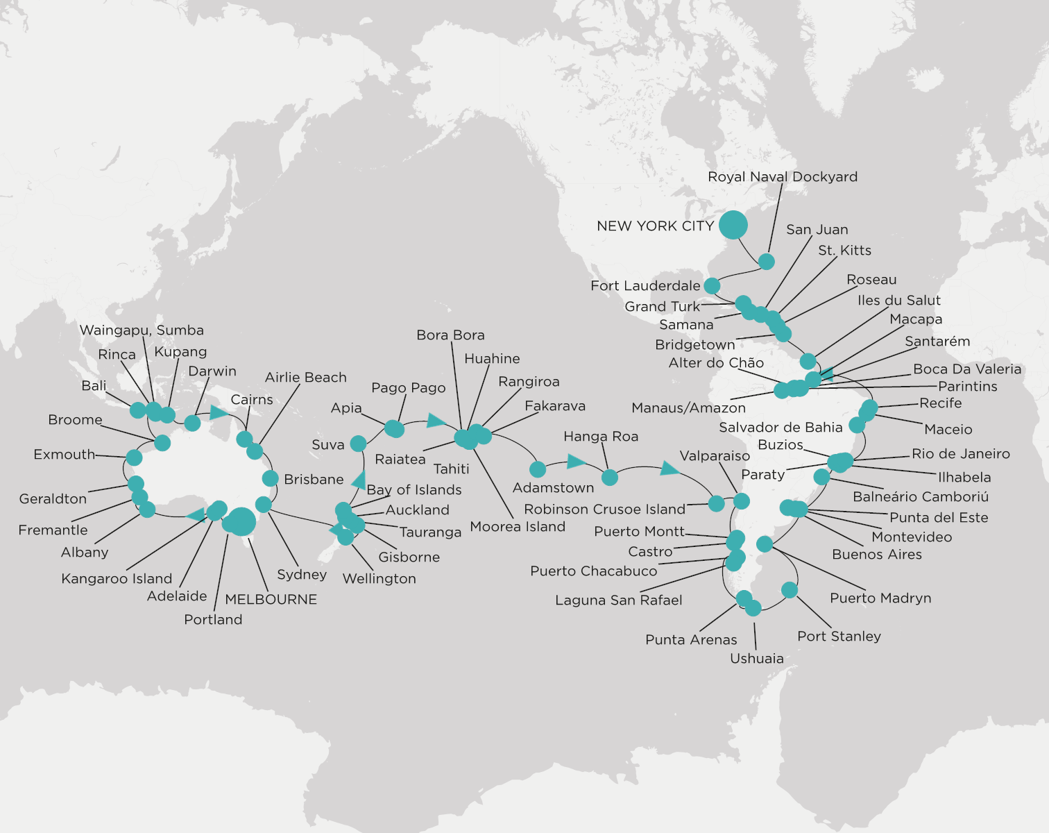 Carte de l’itinéraire Crystal Symphony, Melbourne → New York