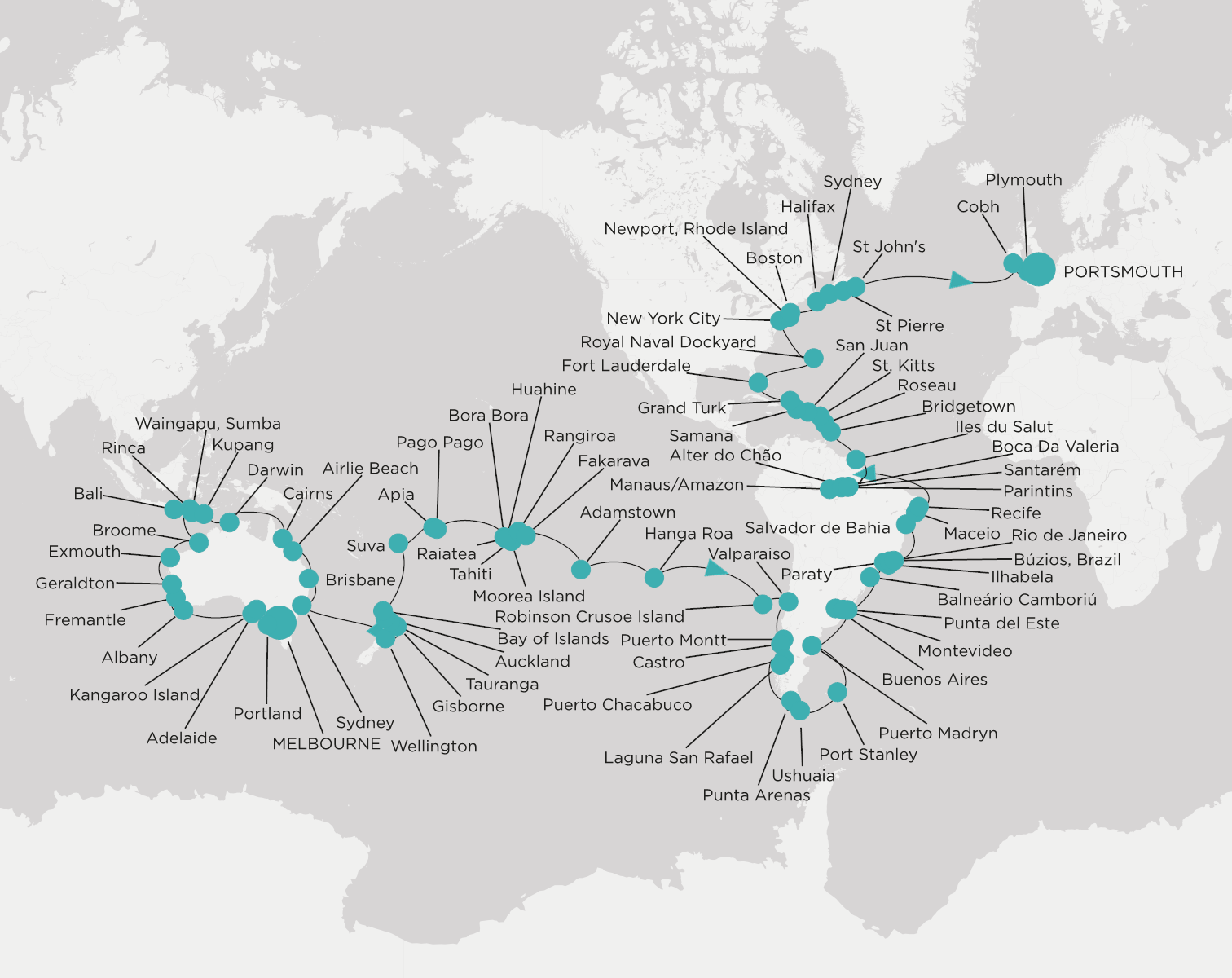 Carte de l’itinéraire Crystal Symphony, Melbourne → Portsmouth