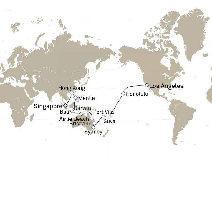 Carte de l’itinéraire Queen Anne, Singapour → Los Angeles, CA, États-Unis