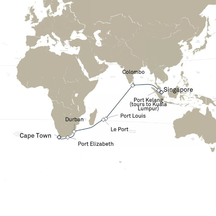 Carte de l’itinéraire Queen Anne, Le Cap, Afrique du Sud → Singapour