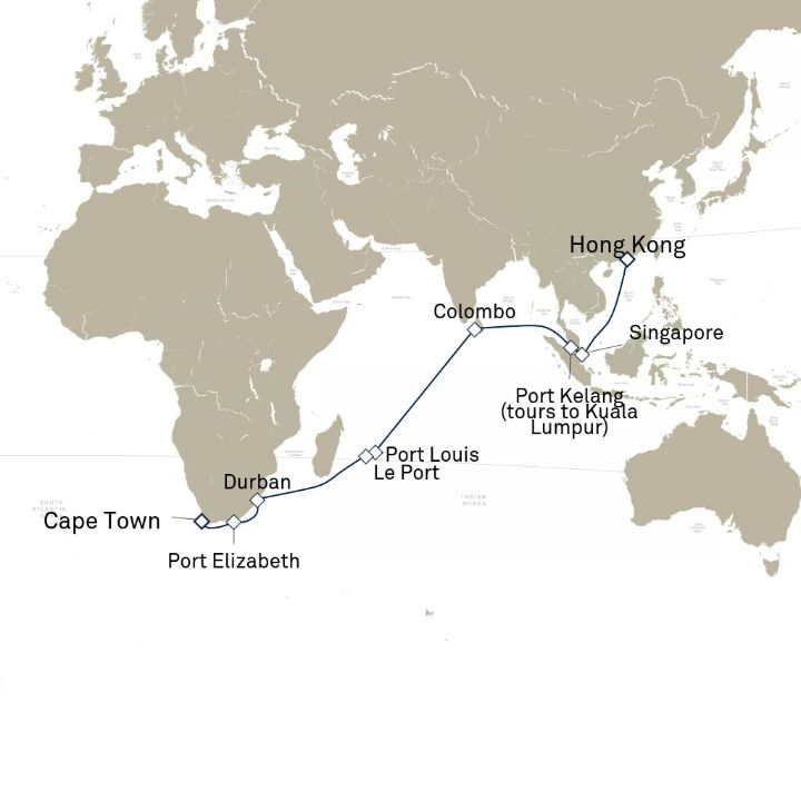 Carte de l’itinéraire Queen Anne, Le Cap, Afrique du Sud → Hong Kong, Chine