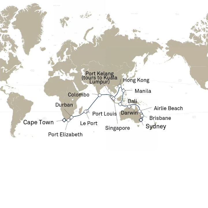 Carte de l’itinéraire Queen Anne, Le Cap, Afrique du Sud → Sydney, NSW, Australie