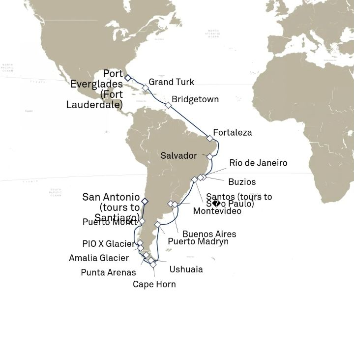 Carte de l’itinéraire Queen Anne, Fort Lauderdale, FL, États-Unis → San Antonio (excursions vers Santiago), Chili